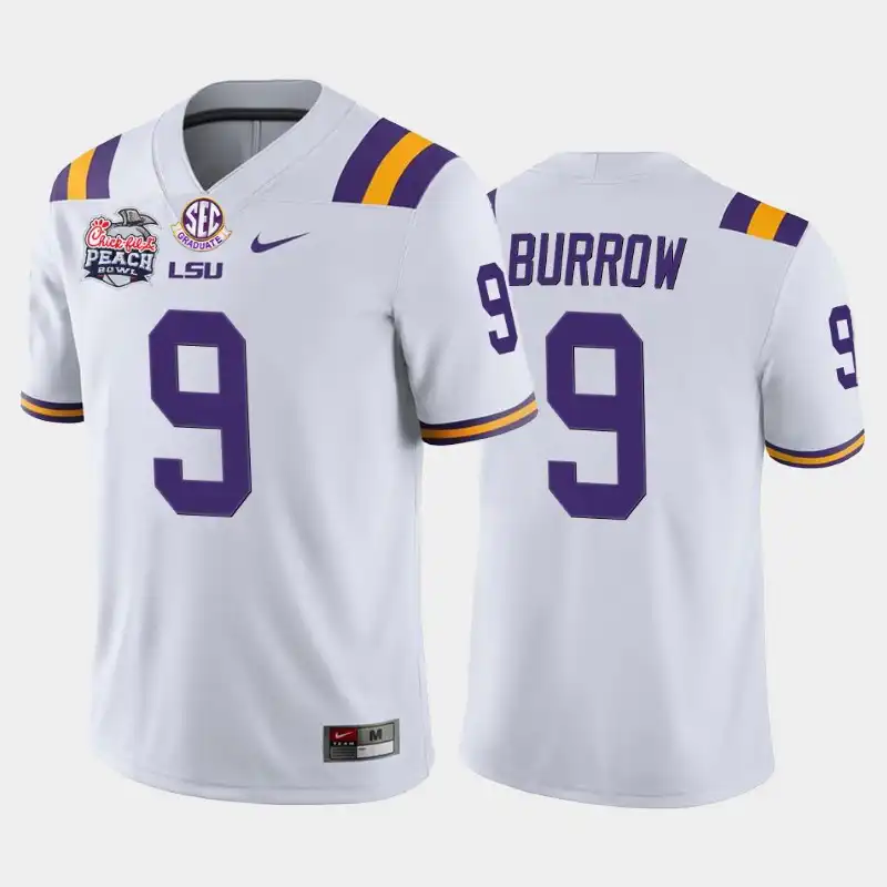 Men's LSU Tigers Joe Burrow #9 2019-20 White Peach Bowl Champions Home NCAA Football Jersey